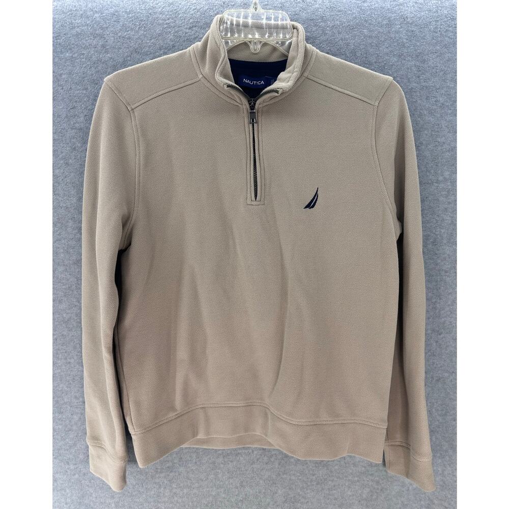 Nautica Men's sz M Beige 1/4 Zip Pullover Cotton Blend Neutral Golf Sailing Prep